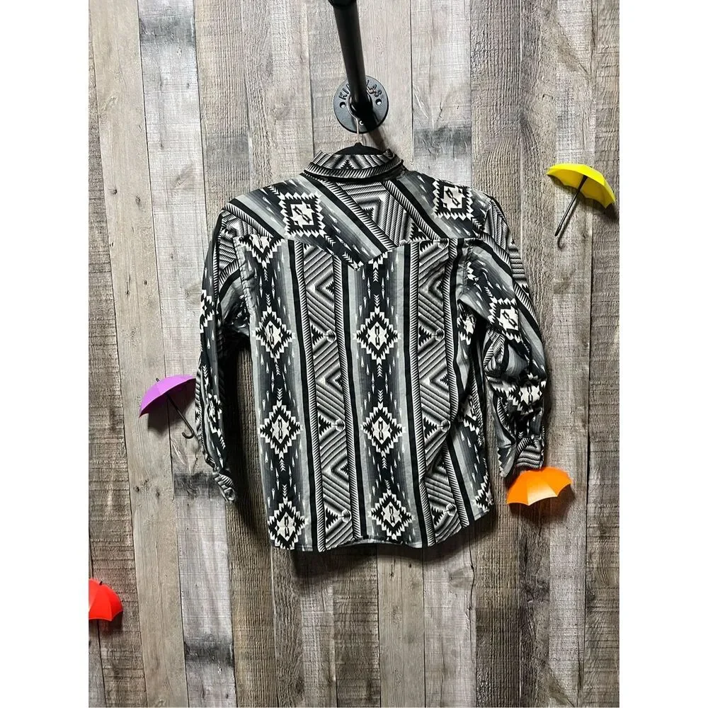 Rock & Roll Denim Black and White Southwestern Print Pearl Snap Western Shirt Bo - Picture 2 of 4